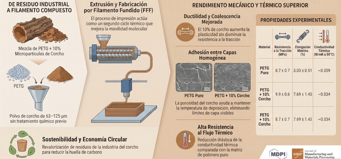 Rendimiento mecánico y térmico de compuestos sostenibles de PETG y corcho fabricados mediante la tecnología de fabricación por filamento fundido
